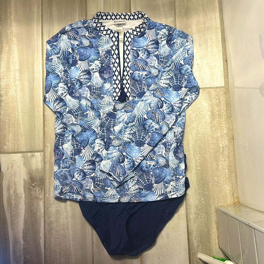Tommy Bahama swim suit blue shells matching bottoms size large/12 worn once